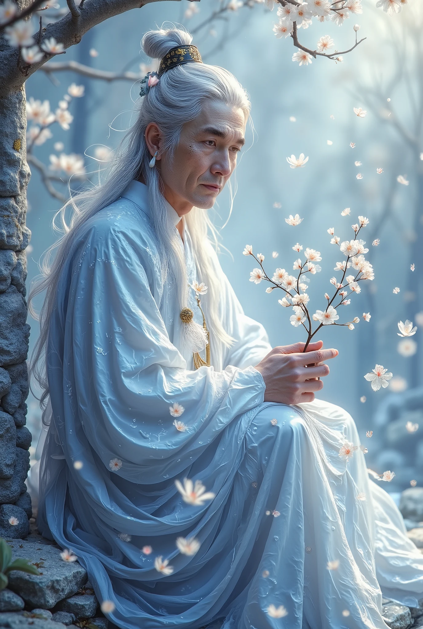 A majestic ancient Chinese king sitting on a light blue-white stone edge very near the water, wisps of long white hair framing his gentle features, sits in quarter profile against a serene backdrop of shimmering light blue and white stones. His eyes, soft as morning mist, gaze tenderly at the delicate cherry blossom and flower twig he cradles in his hands. The Hanfu fabric appears to be woven from water itself, its transparent folds glistening like moonlit ripples on a tranquil lake. Oil paints swirl with lifelike texture, capturing every detail of this ethereal scene in stunning 8K resolution.