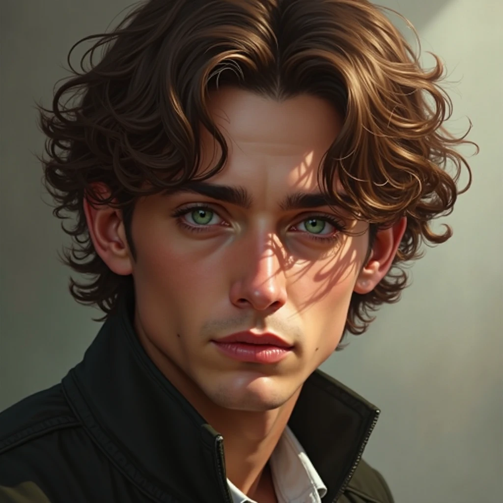 Portrait of man brown curly hair and green eyes - SeaArt AI