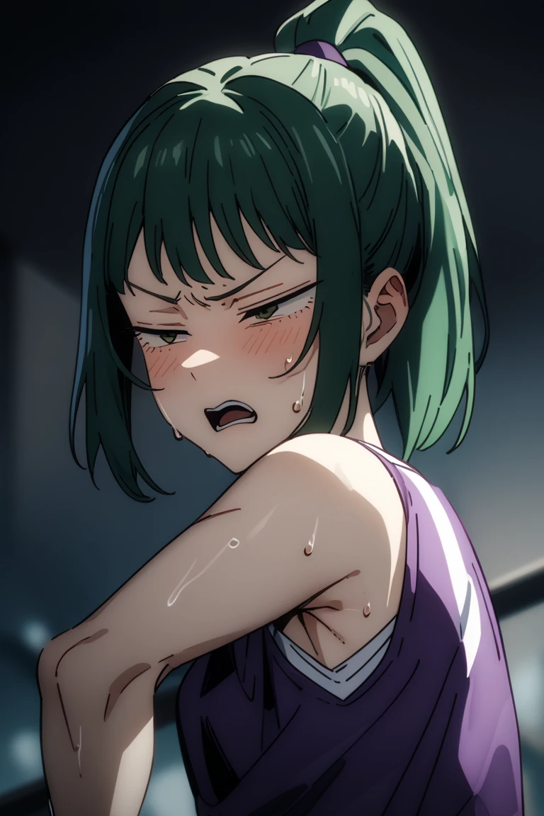 masterpiece, best quality, high quality, 1girl, solo, ,open mouth,tongue, looking at viewer, , killua_zoldyck, sports bra,bike shorts,medium breasts,cowboy shot,sliver hair,(trembling:1.3),smile,cameltoe,blush,sweating,grin