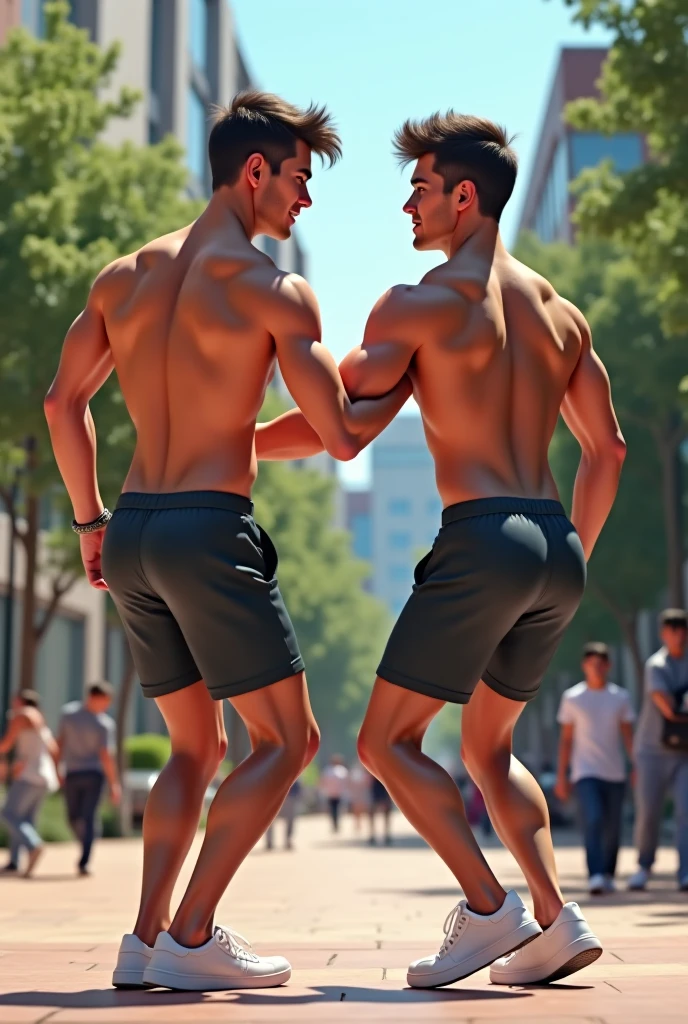 Two handsome men、、Japanese、Mash Hair、Completely naked、Full nudity、erection、Huge penis、Huge bulge、On stage、Back view、A presenter with a microphone next to him