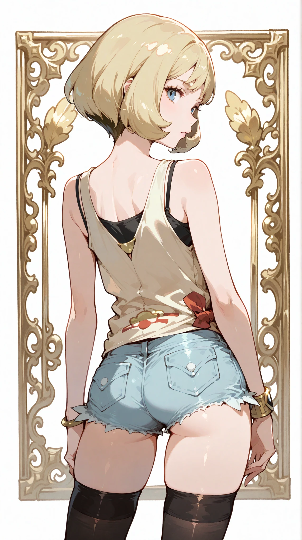 (Superflat, Flat Shading, flat-colors:1.1)、(Magazine Cover)、Illustrations、(Beautiful platinum blonde hair、short-hair、American boyish girl)、crotch open、Smiling、Draw so that the crotch cloth of the beige underwear is visible.、Skirt flipping、((Torn and tattered denim skirt、Beige panties))、Choker、When I look through the viewfinder、A bracelet、Thigh strap、Body Painting、Head tilt、8K resolution、intricate clothing、Intricate details、1girll、Solo、a blond、Standing、Cowboy Shot、Arms at sides、a miniskirt、Detailed panties、((from behind、hindquarters、heart cutout、hip incision))、Volumetric lighting、Soft light、Bright、neons、Vibrant colors、watercolor paiting、