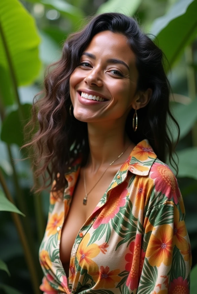 A Brazilian woman in a lush tropical garden, wearing an open shirt with a floral print, with a close-up capturing the harmonious beauty between her breasts and the natural flowers, showing off your natural charm and outgoing personality.