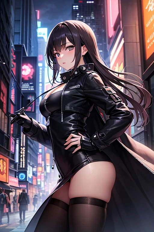 Top quality, ultra high resolution, (photorealistic: 1.4), NSFW, 1 girl, nude, topless, omatosa, no bra, dynamic pose, bright smile, pigsney, look viewer, arms behind back, hands on hips, puffy (perfect hands), female pubic hair, streaks, see-through legwear, see-through panties, naked shirt, Shirt Lift, Beast Ears, Beautiful Eyes, Earrings, Shiny Eyes, Long Black Open Coat, Open Jacket, Blue Tie, Wet Long Stockings, Fishnet Stockings, Fishnet Stockings, Tokyo Street, Cityscape, Night, Cyberpunk, Neon Lights, Cyberpunk, pureerosface_v1