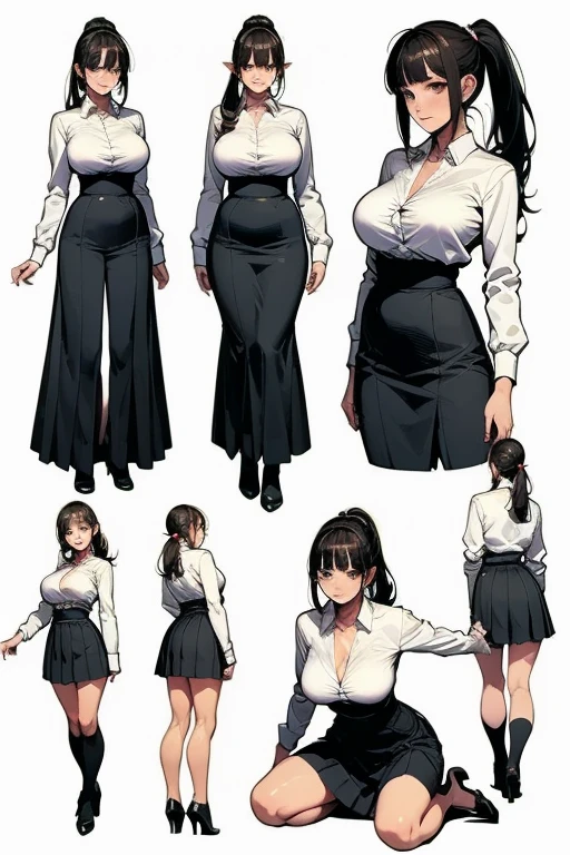 ((Masterpiece)) an office setting. There is 1 woman, she is american. There is a full body view of her. She is pulling apart her shirt. She has red hair that is tied back in a ponytail. She has green eyes and wears glasses, she is smiling demurely. She has a slim figure with large breasts. She us wearing a white button up top she has pulled open and a red and blue costume is visible, she has a blue skirt on with bare legs and black heels. She has long red hair thats flows behind her like in a breeze. She has Green eyes. (Full body shot) (hand on hip pose) (measurements 36 24 36) show big cleavage with very thin line bra