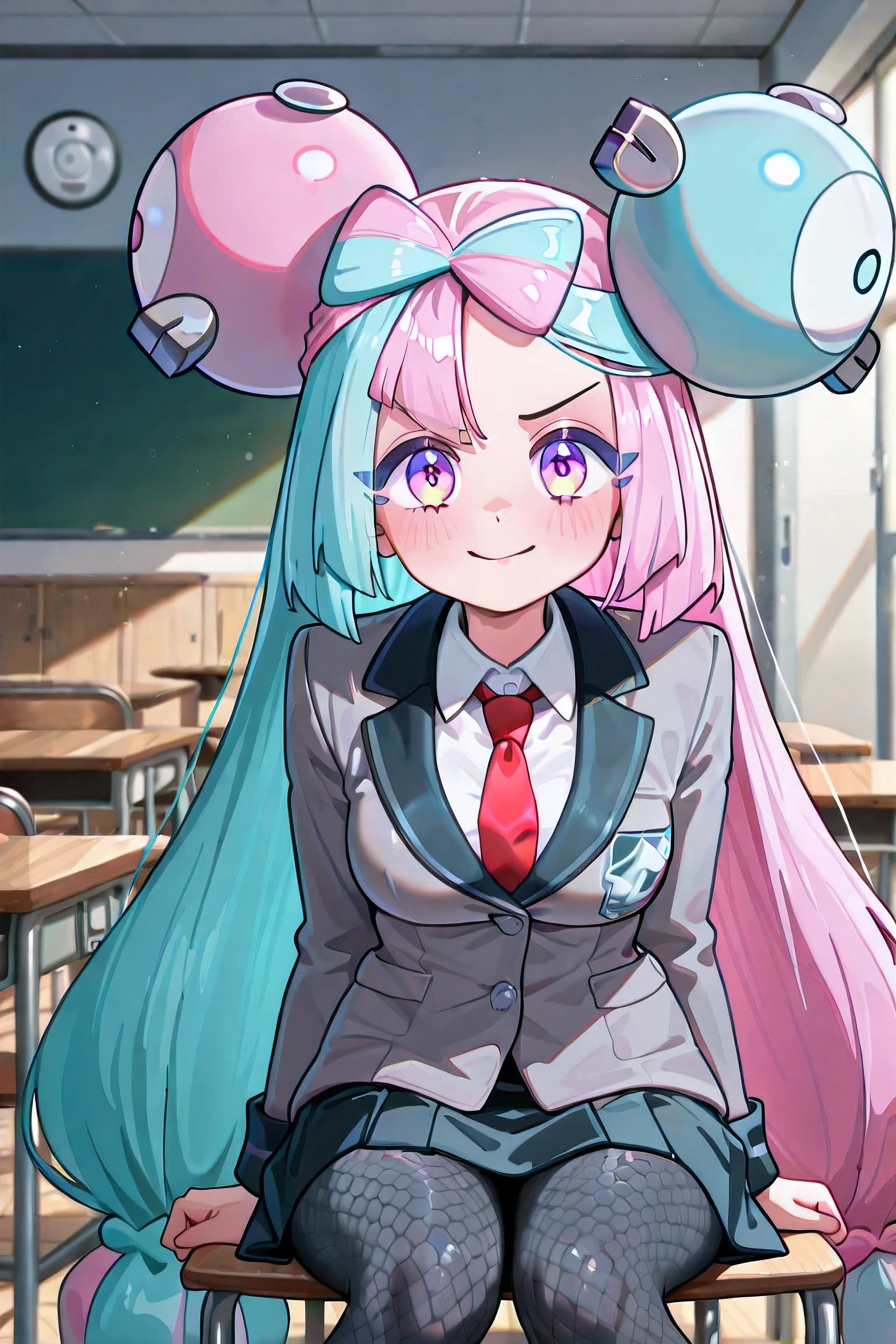 Iono (Pokémon Scarlet and Violet), young girl, ((((Just 1 Iono)))), medium breasts, Very long hair, twintails, bicolor hair, light blue and pink hair, two-toned eyes, pink and blue eyes, animated expression, extremely detailed face, uniforms that U.A, green obreiras, green details on the blazer, gray blazer with long sleeves, closed blazer, white dress sweater underneath, red tie, dark green short skirt, checkered gray pantyhose, brown shoes , door inside the school, sitting on a school chair, facing the viewer, 4K, Best Quality, obra-prima, ((((rosto limpo)))), No dirt.
