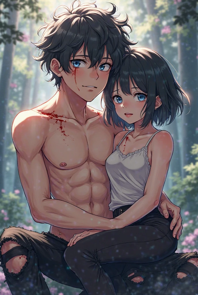Very small sweaty muscular 10 year old boy with perfect abs takes off his clothes for a sweaty naked 18 year old girl with a perfect body, short hair, small breasts, thick thighs, large butt that is older than the boy in a beautiful forest