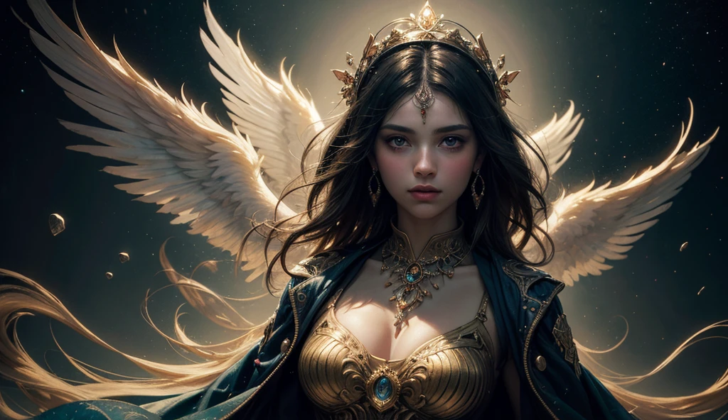 Winged Greek goddess of wrath and punishment, Nimimis, silber hair, In long Greek Toga, Cool beauty, Large breasts,Looks stern and ruthless, Fly with wings in the starry sky, greek myth, solemn atmosphere, Description of the Ultrra precise pointer, Photorealistic, Super detail, Masterpiece, Best quality, A high resolution, 8K,Armour,Huge cross