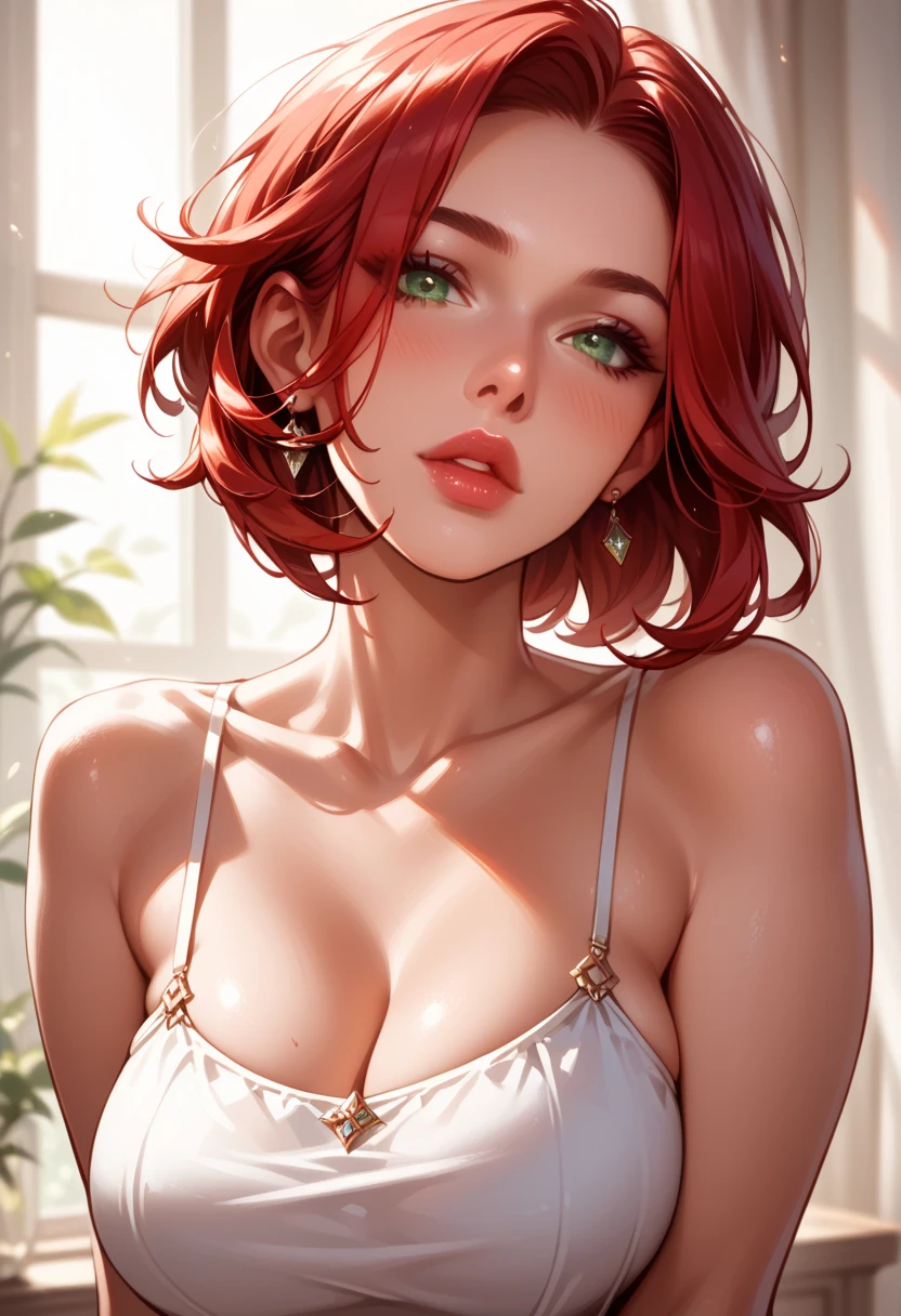 (high-level image quality), (hight quality), (hight resolution), (detailed), (masterpiece), beautiful woman, ((caucasian)), green eyes, red hair, short hair, dark red lipstick, black choker, voluptuous body, biker style, aroused, Detailed eyes, perfect eyes, Detailed face, ((bedroom)), sensual pose, nsfw, portrait
