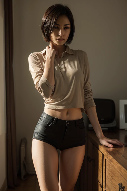 (best quality, highres, ultra-detailed), asian girl with dark blue hair emo girl with curly hair, Black crop hoodie, red slip, Arms behind head, 8k, super detail, ccurate, best quality, UHD, masterpiece,