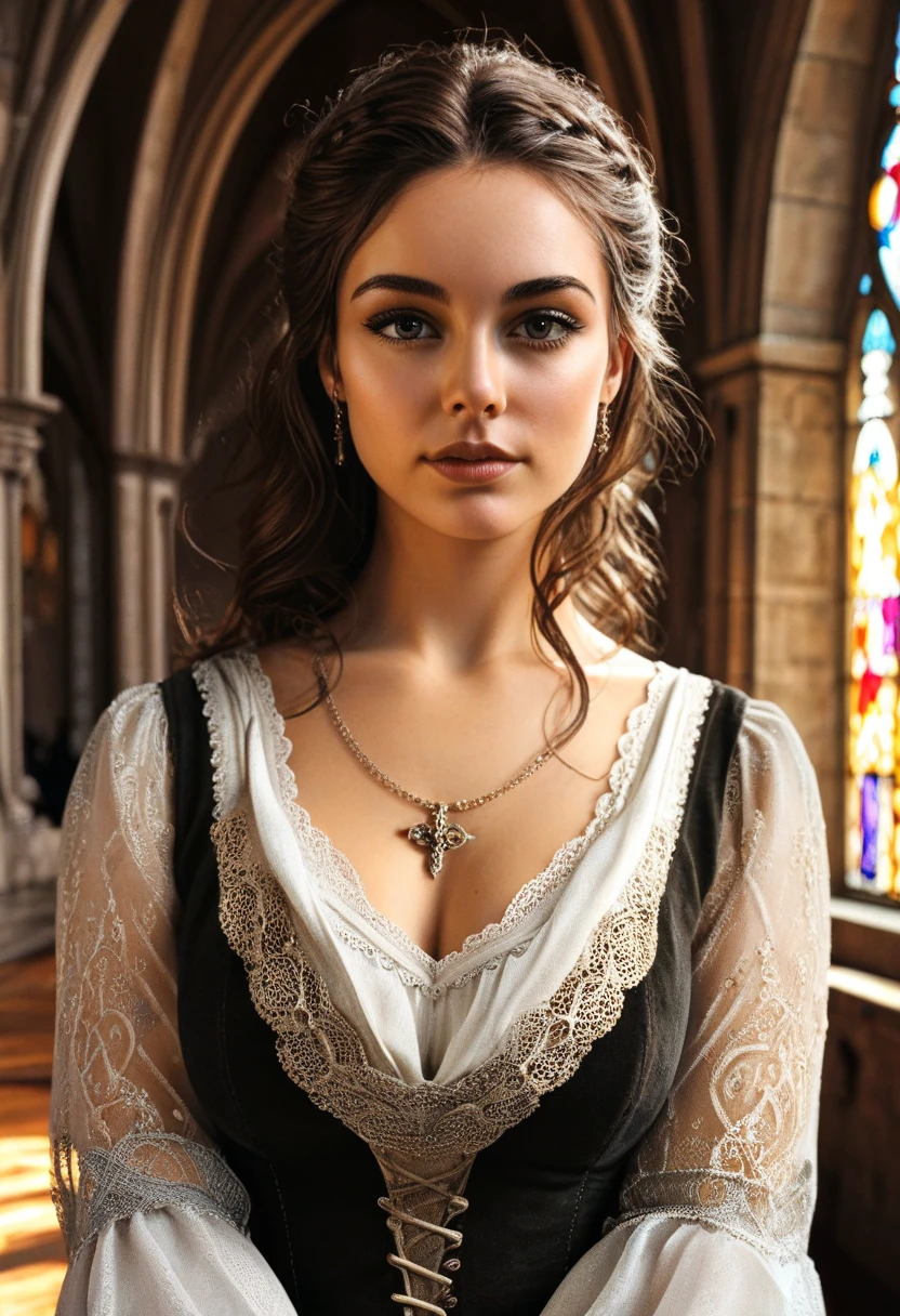 A beautful jewish women with a thick bush unibrow and a large bulbous nose. brown hair that is extremy curly and kinky, Traditional jewish dress. Ultra HD, with Rococo he symmetrical face, photorealistic photography, path tracing, specular lighting, and volumetric face light enhance the details. The scene is captured in maximum quality, masterpiece, 8K high resolution, and top quality.Alison Brie, Dove Cameron, Scarlett Johanson. Epc lighting, striking silhouette. crucifix necklace. Doe eyes. The epitome of old wpr;d beauty and charm. The symmetrical face, photorealistic photography, path tracing, specular lighting, and volumetric face light enhance the details. The scene is captured in maximum quality, masterpiece, 8K high resolution, and top quality. style of H. A. Brendekilde