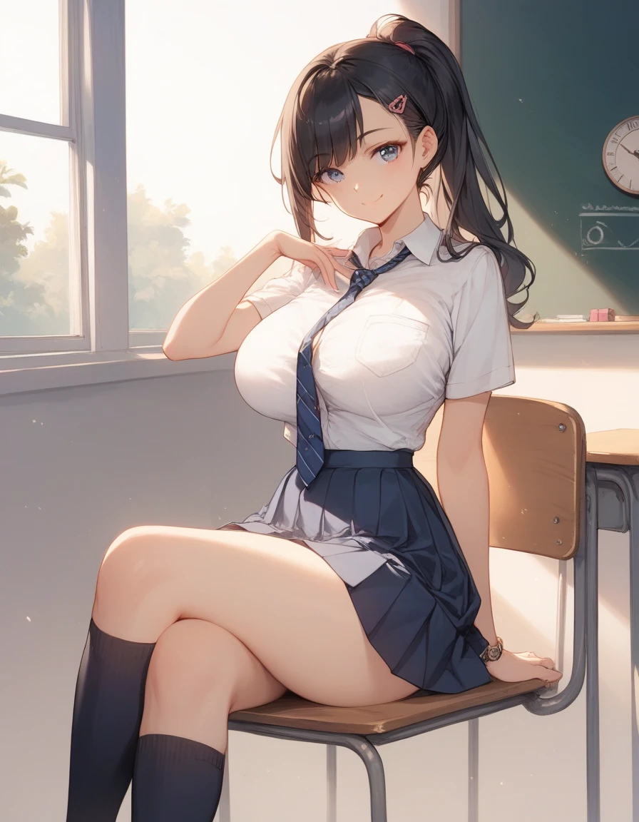 (cute eyes), (8K、Best image quality、highest quality、masterpiece)、Detailed face、Improve、(open mouth), (skinny body),(medium breasts), (school uniform),(Light blue striped underwear), (cleavage), Sit on a chair, Classroom Background, (black stockings), (Thighs:1.2), (Waistline:1.2)