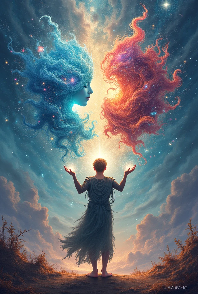 inconceivable and spectacular a scene of emergence of a figure from the glowing cloud, fractal nebula threads, cosmic entities, celestial, cosmic, vibrant and vivid, swirls, twirling, unrealistic, high contrast, symobolism, magical, mystical, mystifying, hyperrealistic, oversaturate, colorfully