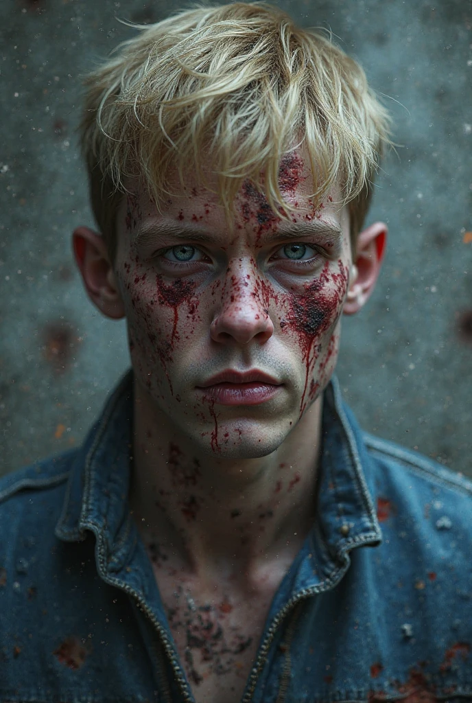 realistic portrait, horror, Cool tones, A young man, blond with shoulder length bob, disheveled matted bloody hair, without eyes, empty eye sockets, blood on the face, sad smile, old scars, despair, depression, sullen expression
