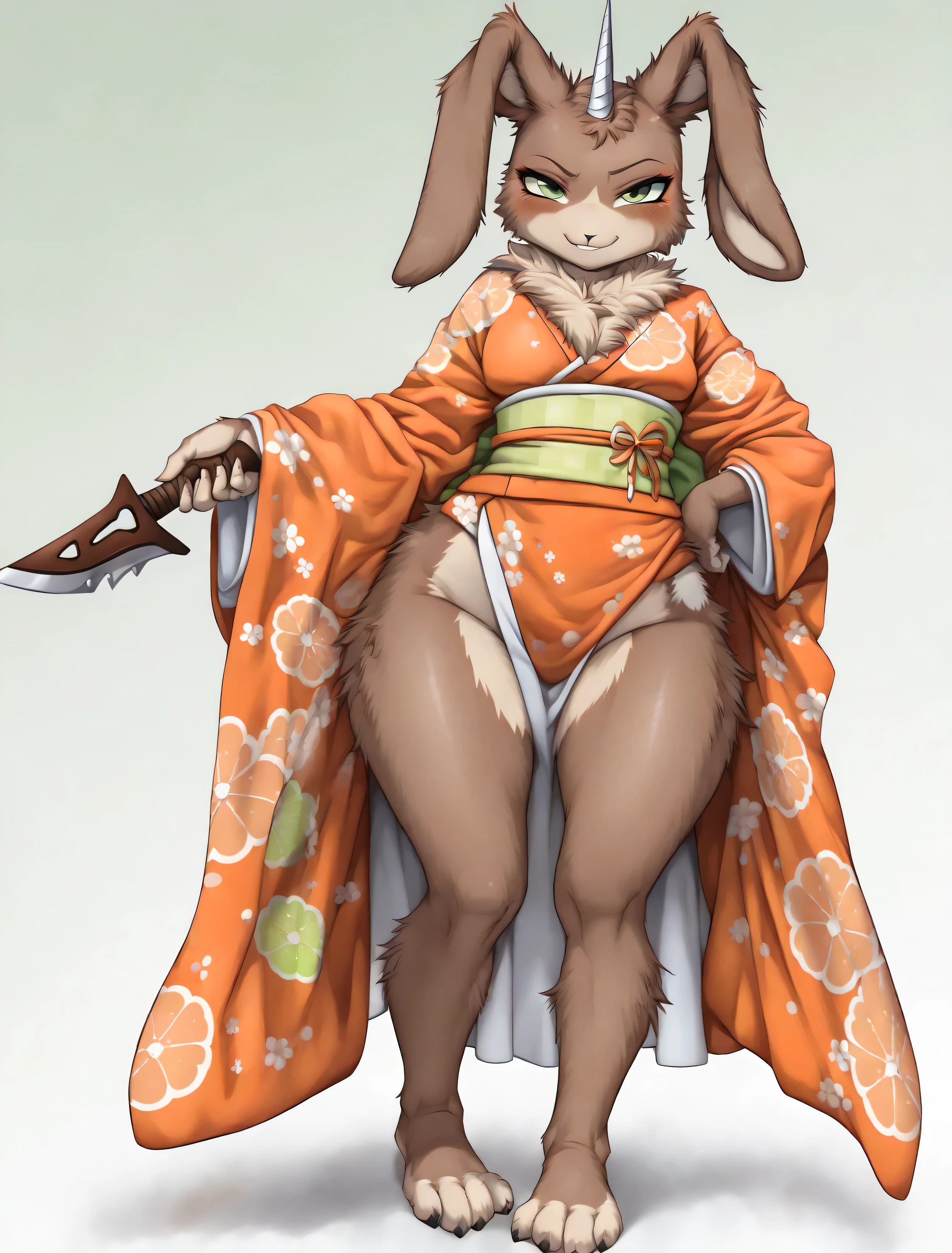 anthro fantasy anime female rabbit demi-human with dagger blade protruding from forehead like a white unicorn horn and more human face with rabbit like ears and rabbit like legs ((masterpiece)), ((HD)), ((high res)), ((solo portrait)), ((full body)), ((front view)), ((feet visible)), ((furry; anthro)), ((detailed fur)), ((detailed shading)), ((beautiful render art)), {anthro rabbit; Chocolate brown fur, black nose, (chocolate brown rabbit ears), (curvy hips), (beautiful legs), (beautiful feet), (cute lime Green eyes), (cute smirk)},(standing straght) looking at viewer)} (wearing cute silver and orange colored kimono)