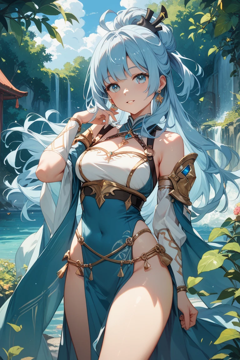 absurd, 8K, high resolution, ultra-detailed, beautiful, masterpiece, best quality, very pretty woman, young, very pretty woman, mermaid, bright yellow eyes, sexy swimsuit, detailed female face, very attractive, (very big breasts: 2.0), long straight hair, light blue hair, underwater, Atlantis