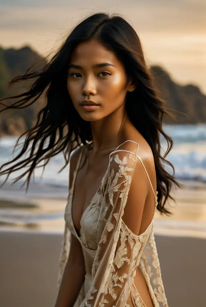 An exquisite portrayal of a full body young filipina woman, captured in a realistic photograph that reverberates with her unique grace. The photograph encapsulates the essence of an 25-year-old girl, radiating confidence as she is naked with beautifull brown skin. A striking twist to her appearance is her vibrant black hair, a testament to her individuality and artistic flair. The setting is a serene beach, where the golden sand meets the gentle waves, providing a backdrop that echoes her natural beauty. The image focuses solely on her, allowing her charm to take center stage. Presented in an immensely detailed CG unity 8k wallpaper format, this photograph delivers an unrivaled visual experience that meticulously captures every facet of her existence. A photograph like this is not just an image; it's a testament to the fusion of art and life. Crafted by the gifted Steve McCurry, a maestro of his craft, this professional and majestic portrait encapsulates the subject's essence in a manner synonymous with McCurry's name. Captured with an 8k UHD DSLR, the soft lighting elevates her features while a delicate film grain effect adds an air of timeless authenticity. The Fujifilm XT3 lens, set at f/5.6, ensures sharp focus and high detail, beautifully highlighting the contours and shades that define her unique beauty. The image carries a dramatic undertone, captured from a perspective that invites the viewer to connect with her on a deeper level. Her gaze, directed at the viewer, resonates with a weight of 1.2, forging an engaging and personal connection. The detailed pupils are magnified to 1.3, lending a mesmerizing depth to her expressive eyes. The use of natural light imparts a warm and genuine atmosphere, capturing the true essence of her radiance.