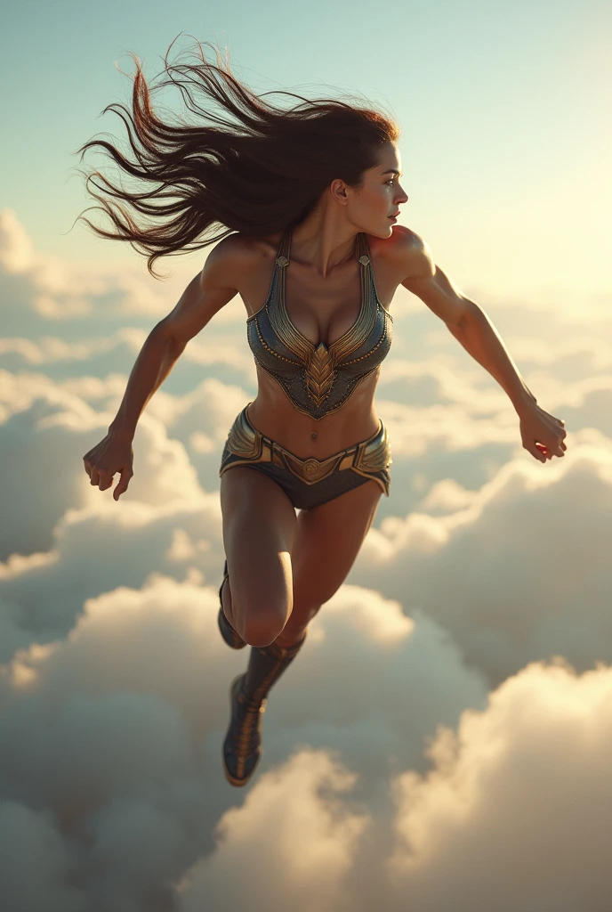 Wonderwoman is flying on a bright cloud