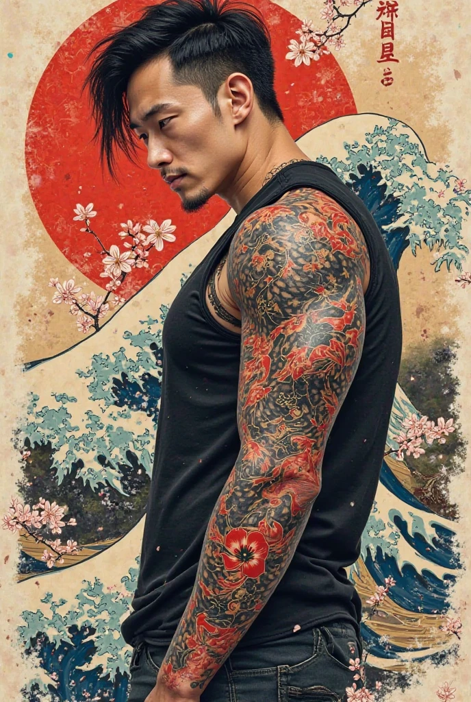 handsome hunk japanese men with yakuza tattoo in chest and arms, toned muscles,wearing loincloth,intricate yakuza body art,action pose, sombrero japones conico,holding kanana,dynamic shadows, cinematic,masterpiece,trending on pinterest
