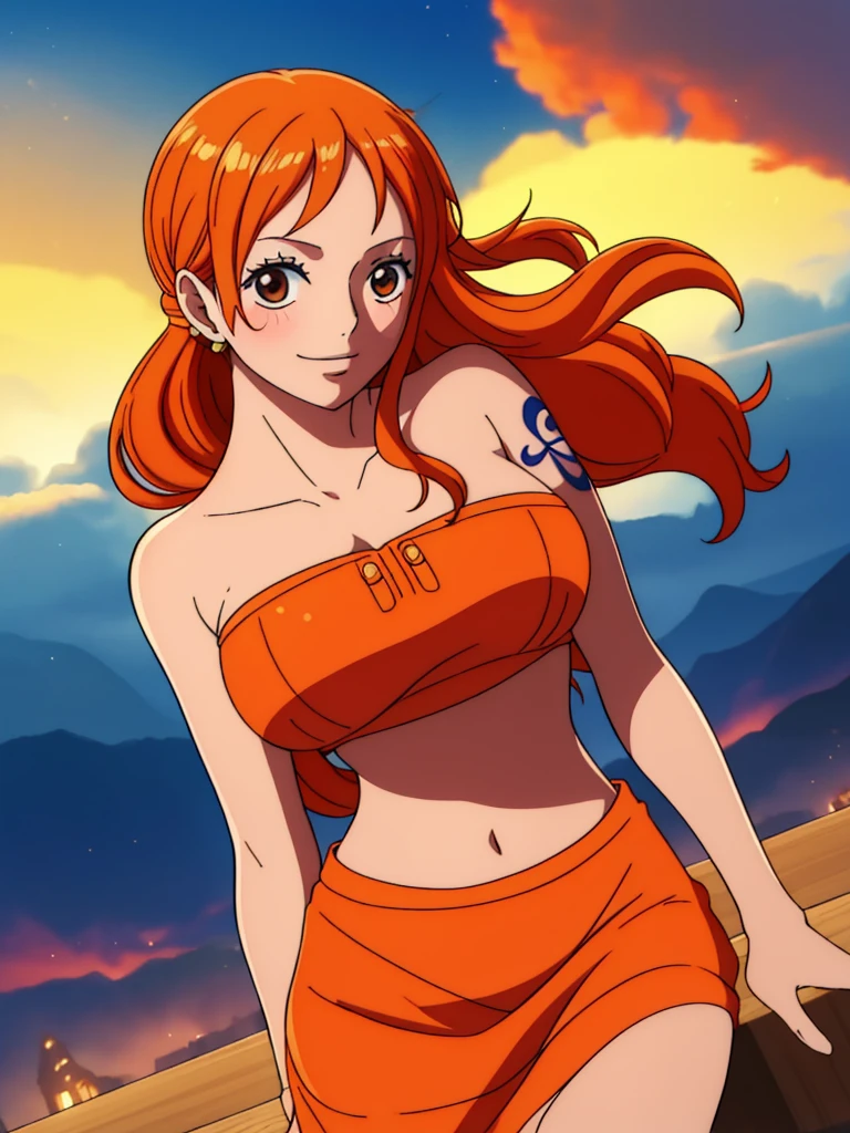 eggnami <lora:eggnami:1>, 1girl,solo,long hair,breasts,holding,bare shoulders,brown eyes,jewelry,medium breasts,standing,swimsuit,cowboy shot,parted lips,sleeveless,orange hair,bracelet,lips,fur trim,tattoo,floating hair,headphones,contrapposto,white leotard,bangle,arm tattoo,shoulder tattoo,nami (one piece), ((panties)), ((thick thighs:1.4)), ((wide hips:1.5)), (curvy:1.3)
