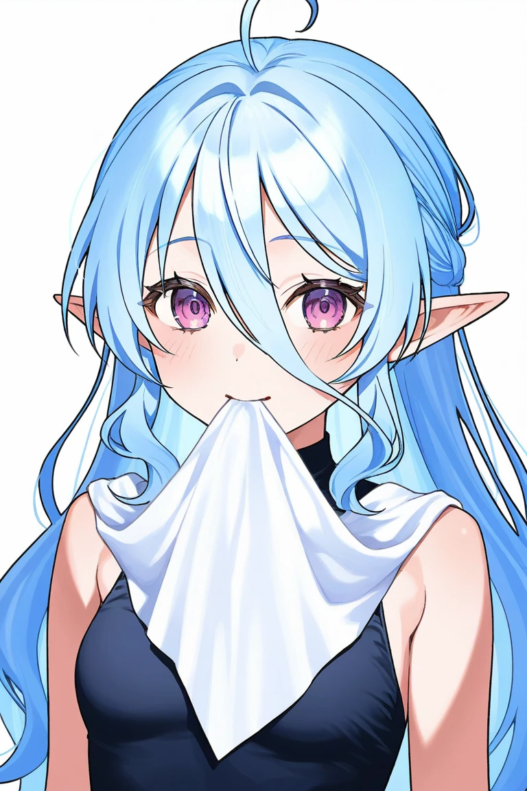 Anime girl with purple hair and purple eyes standing in front of a wall, Blue scales covering her chest, elf Blue skinned, The Exhausted God, Sad blue eyes, Blue Elf, Blue skinned, I deny that, Blue skinnedエルフ, Calm expression, her skin is pale!!!, A magical aura surrounds her, Glowing White Skin