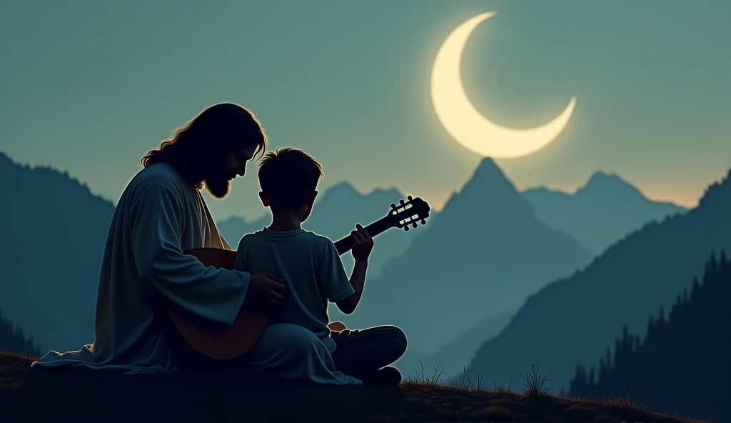 Silhouette of a boy(with short curly hair) playing guitar sitting with your back to a mountain watching the moon, and the representation of Jesus (face with soft features, skin fair, clear eyes, thin beard and long wavy hair) hugging next to the boy.