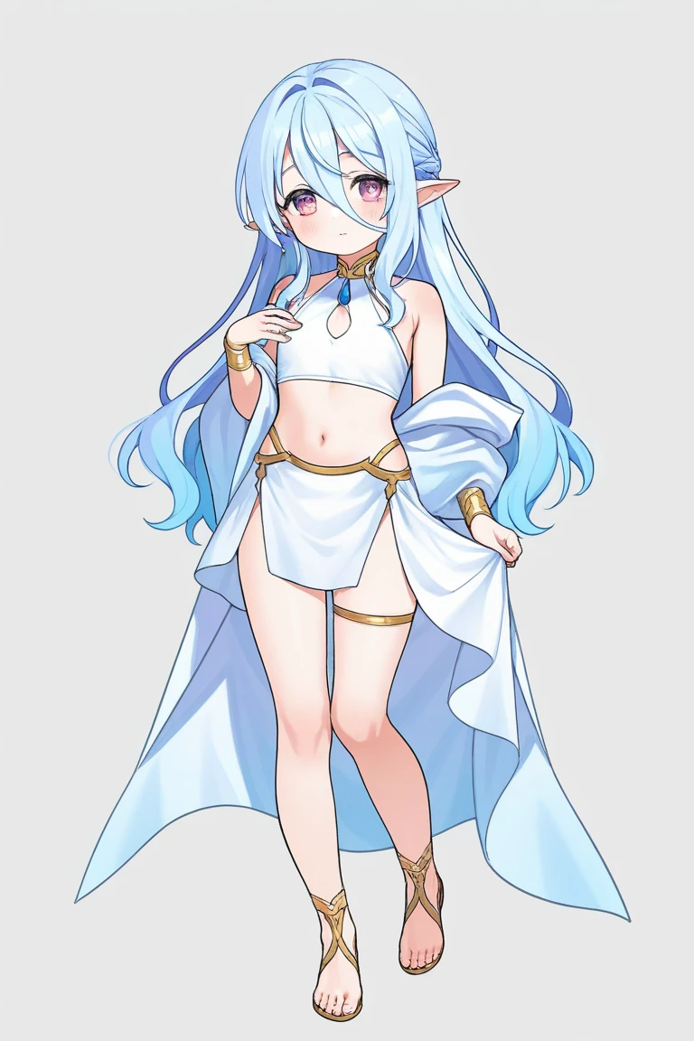 young girl 15 ,, very long hair that touches the ground; platinum ruby, iridescent eyes, very slim body , very small breasts, wide hips, lips shining with moisture, dressed in a very transparent silk toga, very small