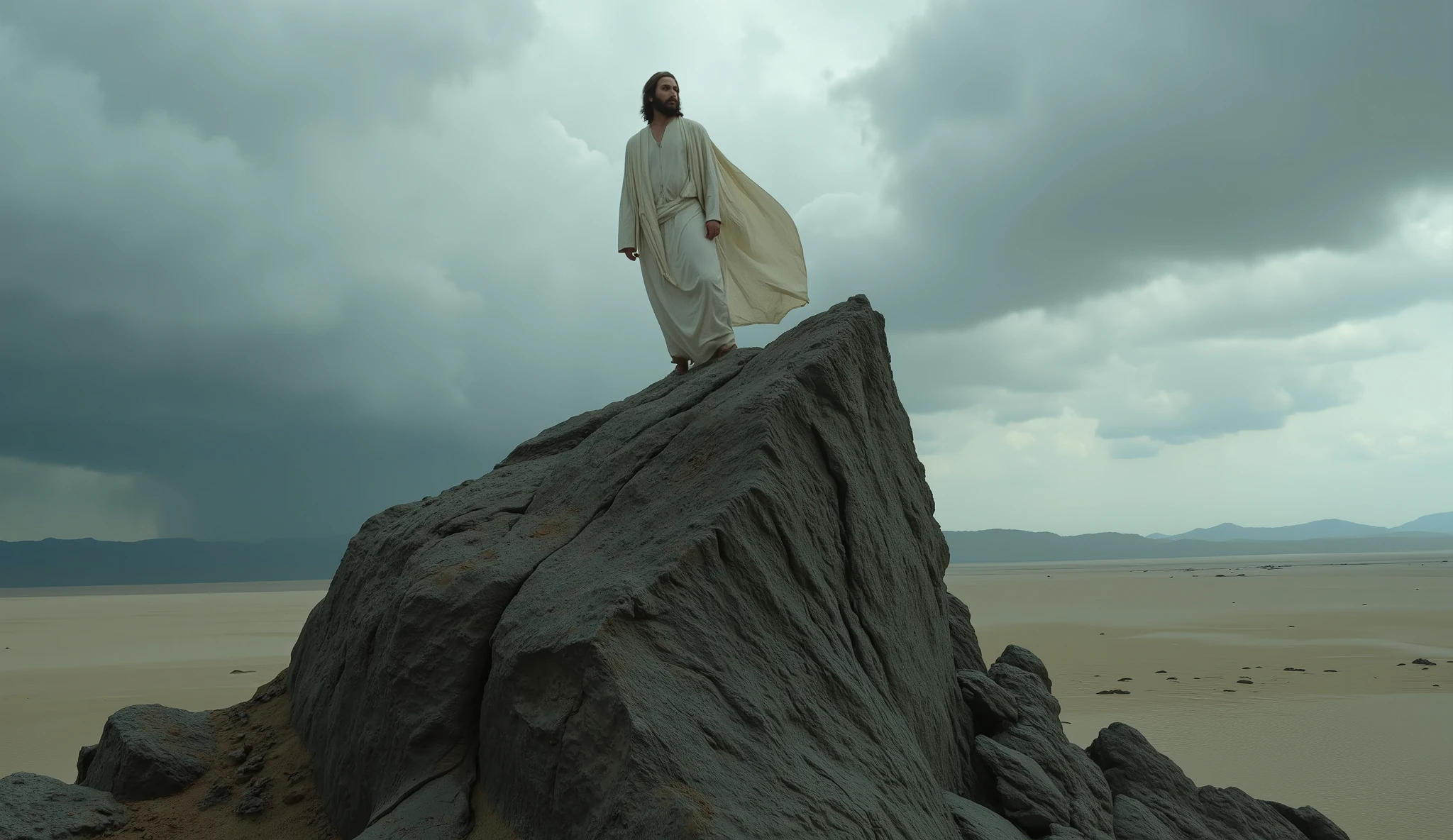 Imagine a cinematic scene, impressive, extremely realistic, close up, enigmatic textures and winds, OF
Jesus on top of a rock