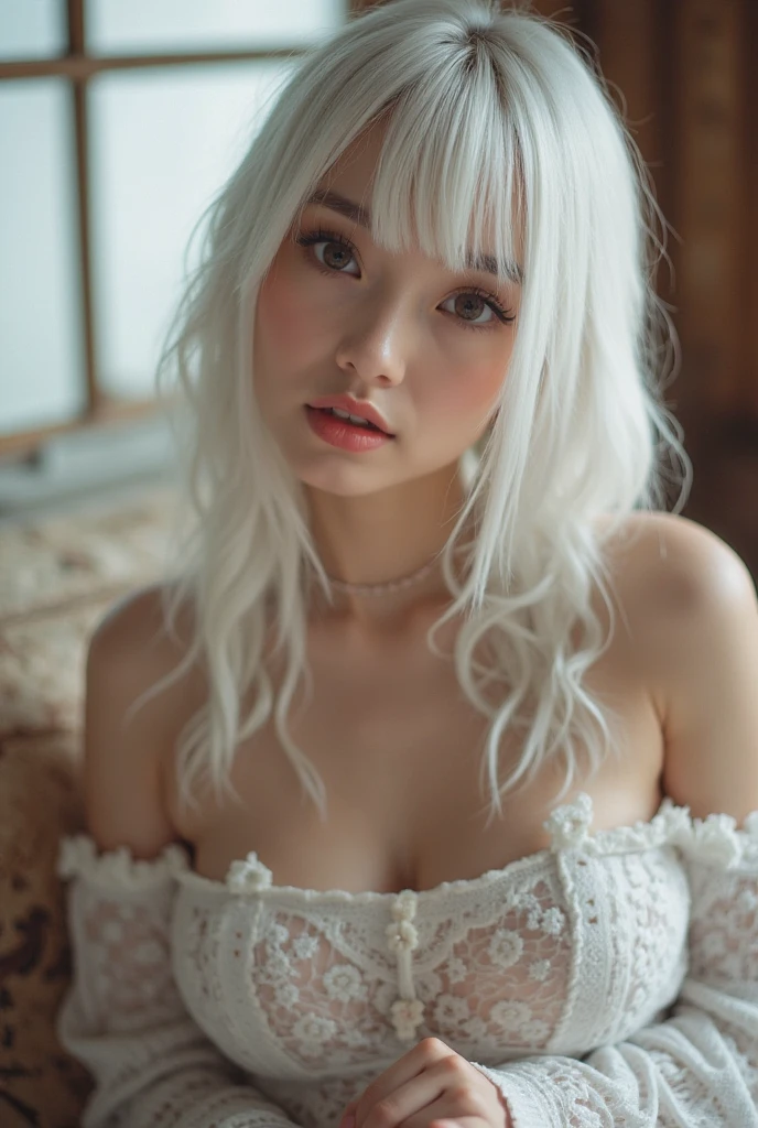 White lace thong bra, Large Breasts, (((Very elegant and beautiful, Perfect detail, Very detailed))), ((whole body, Spread your legs wide)), The most detailed girl, Written boundary depth, 美しく詳細なwhole body, Thin legs, 1 girl, 16 years old, Very short hair, Spiked Hair, Gray and silver hair, Beautiful detailed hair, Perfect Face, Expressionless, Beautiful, detailed, deep eyes, Please open your mouth a little, Delicate arms and hands, Pale skin, Earrings, Beautiful and gorgeous necklace, Colorful background, HD background, Blurred Background, Very delicate and beautiful, masterpiece, (((Highest quality, Very beautiful 8K CG wallpaper))), (((Trendy hairstyles))), (Inside the room,Stylish interior,window), Cleavage, Perfect beautiful young body, Perfectly balanced body, Going to bed, Sleep on your back, sprawl, Lie, Lie on your back, sexy,