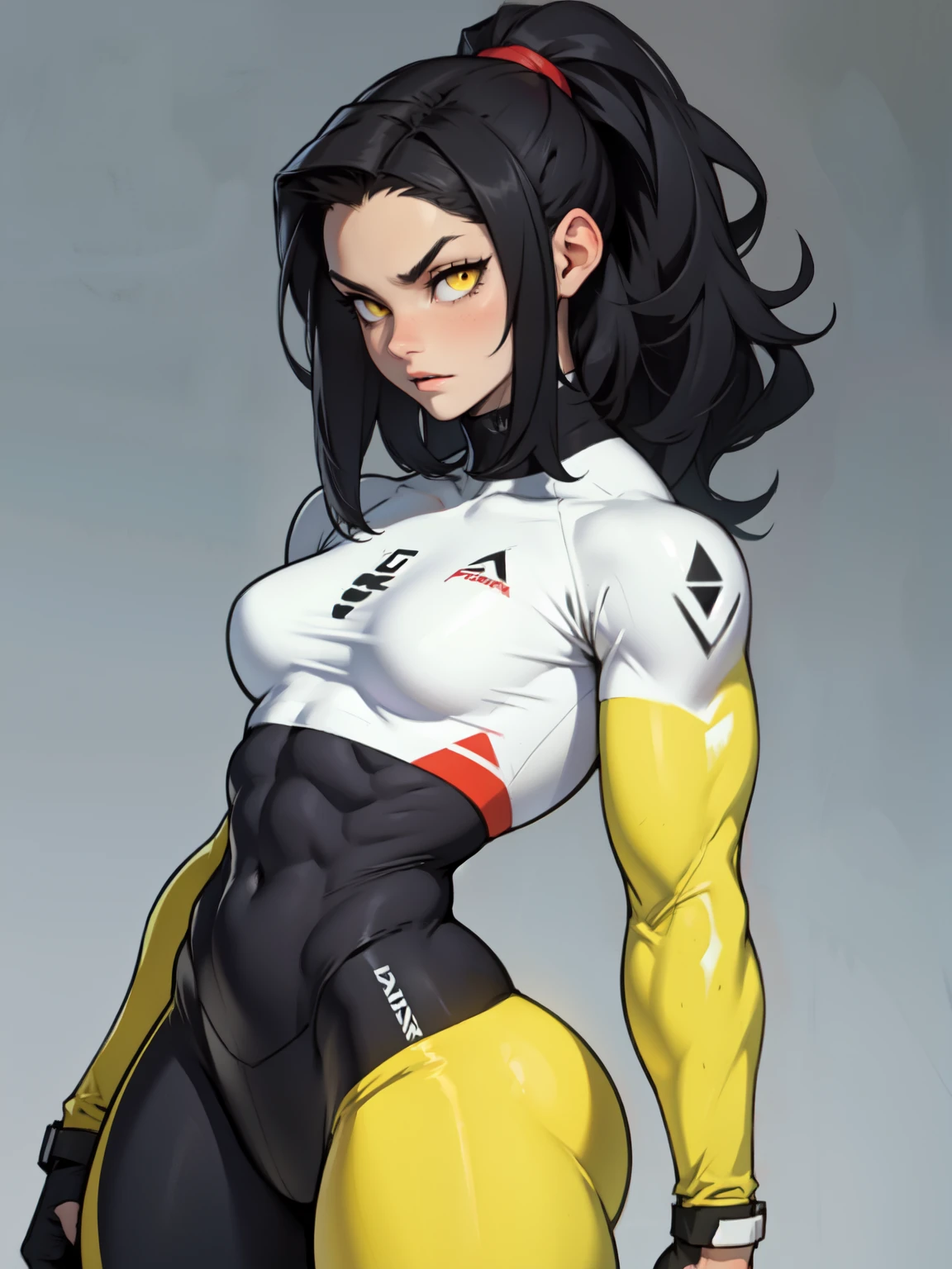 girl muscles busty black hair yellow eyes pale sad
