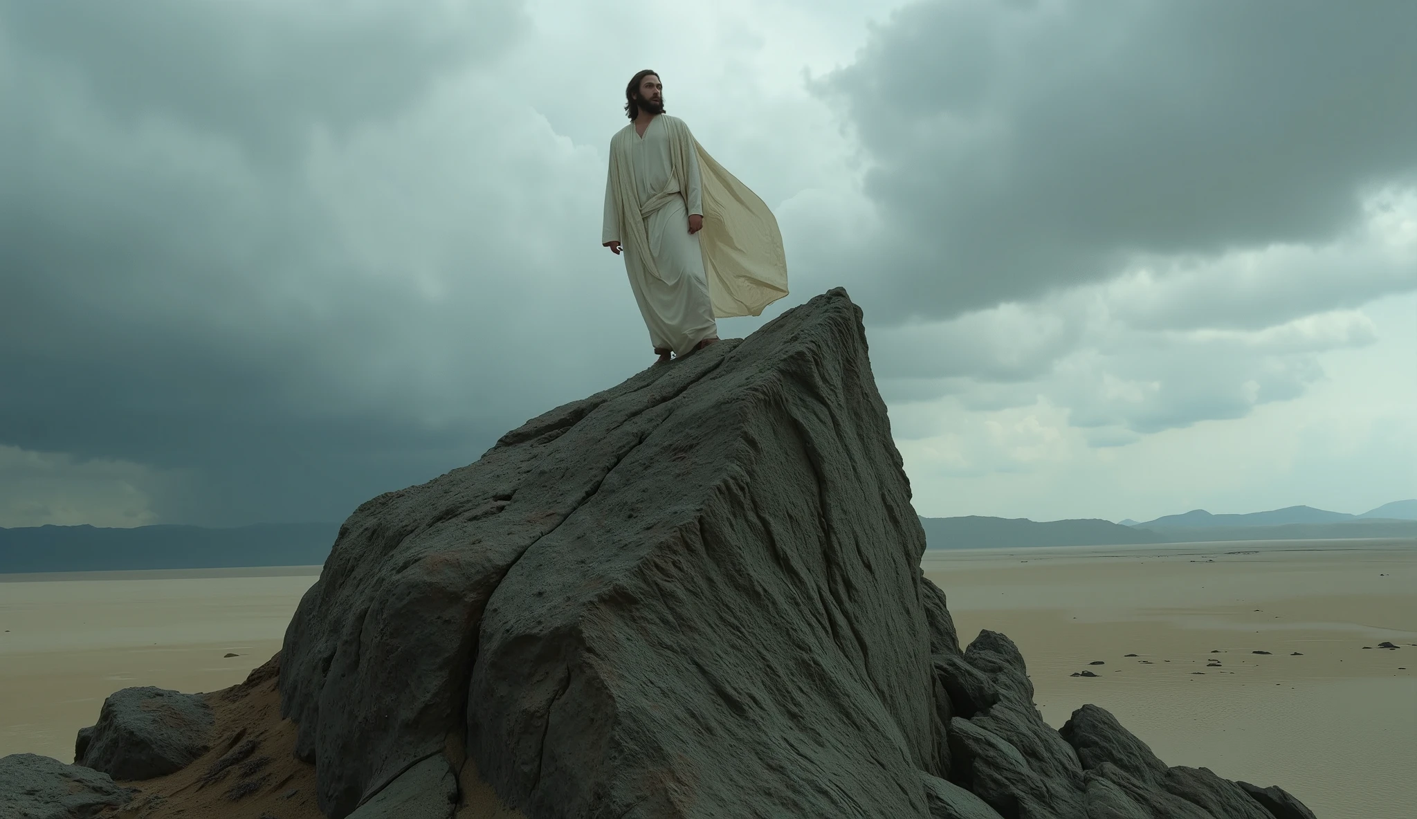 Imagine a cinematic scene, impressive, extremely realistic, close up, enigmatic textures and winds, OF
Jesus on top of a rock