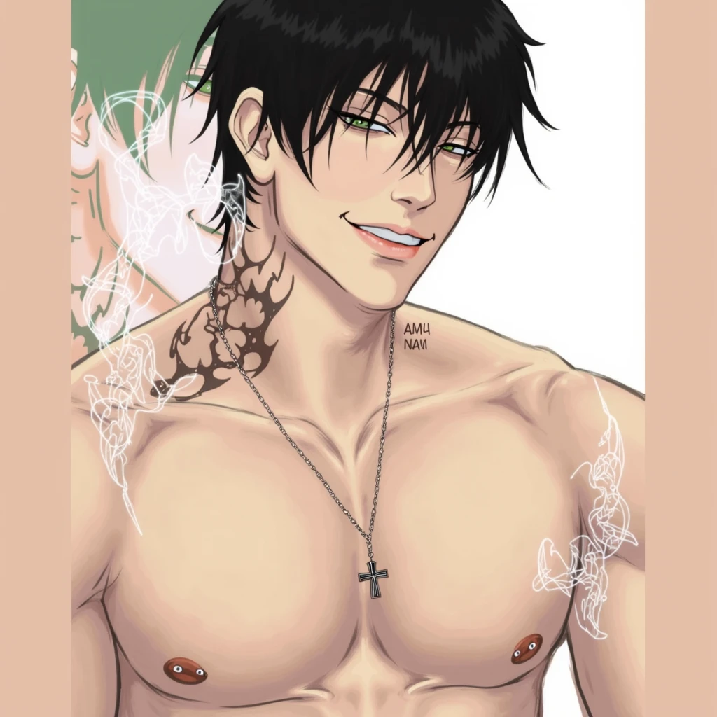 The Asian man, He is showing his naked torso.., black fur, black eyes, broad, thin man, White background, the trees are frozen. broad, Focus on his face, is biting a condom. hot image, Has long hair