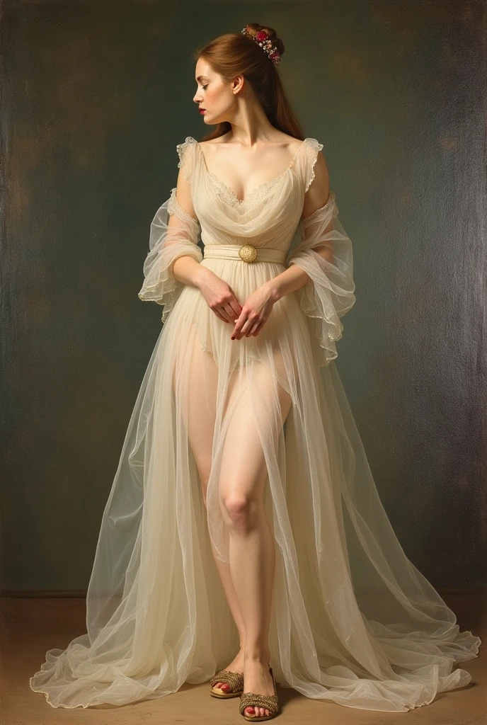 Portrait painting of classical art, beautiful woman, the most beautiful, curly hair, blonde, very beautiful face, very well detailed, long transparent dress sensual, sexy, erotic, daring, garter holder, full body, lush body very well detailed, (Academic art), by John William Waterhouse