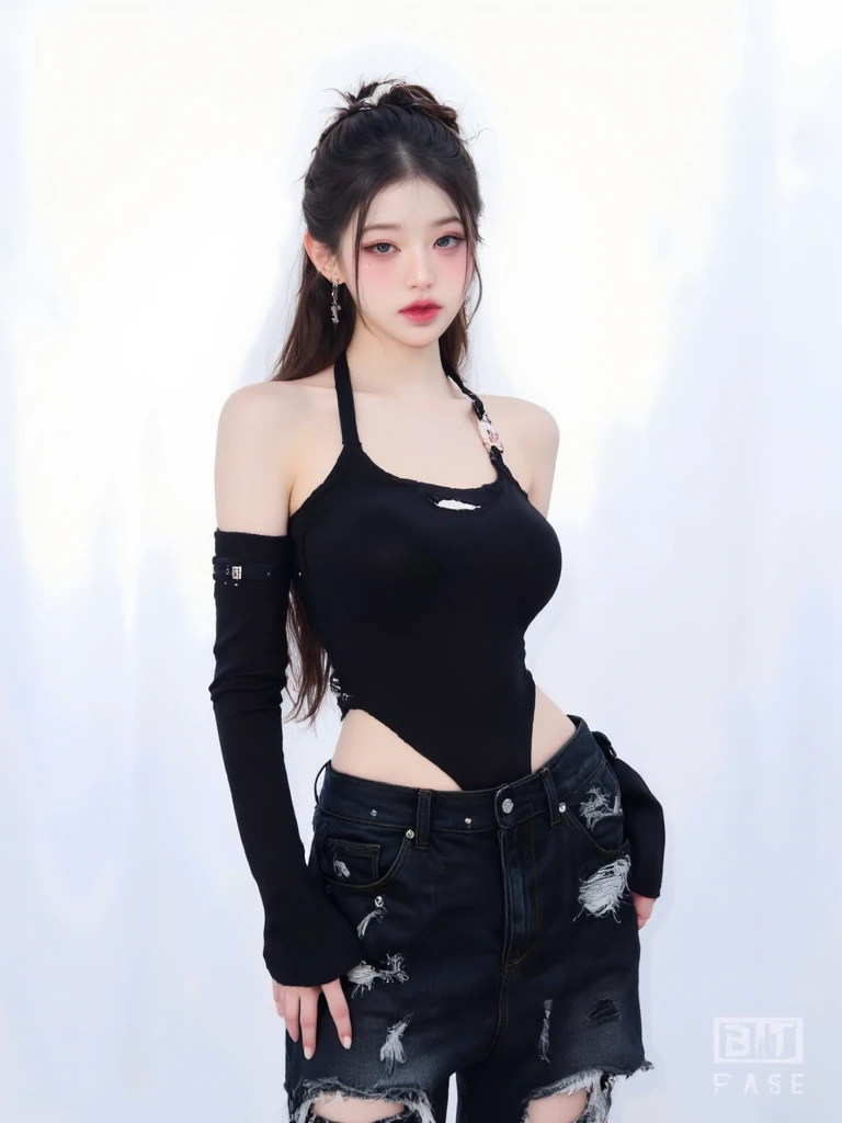 photorealistic, high resolution, soft light,1women, solo, hips up, shinning skin, (detailed face), jewelry, tattoo, hinata-sleeveless-outfit, large breasts, sleeveless shirt, fishnet top, dark lips, unzipped jacket, no bra, black color hair, super long hair