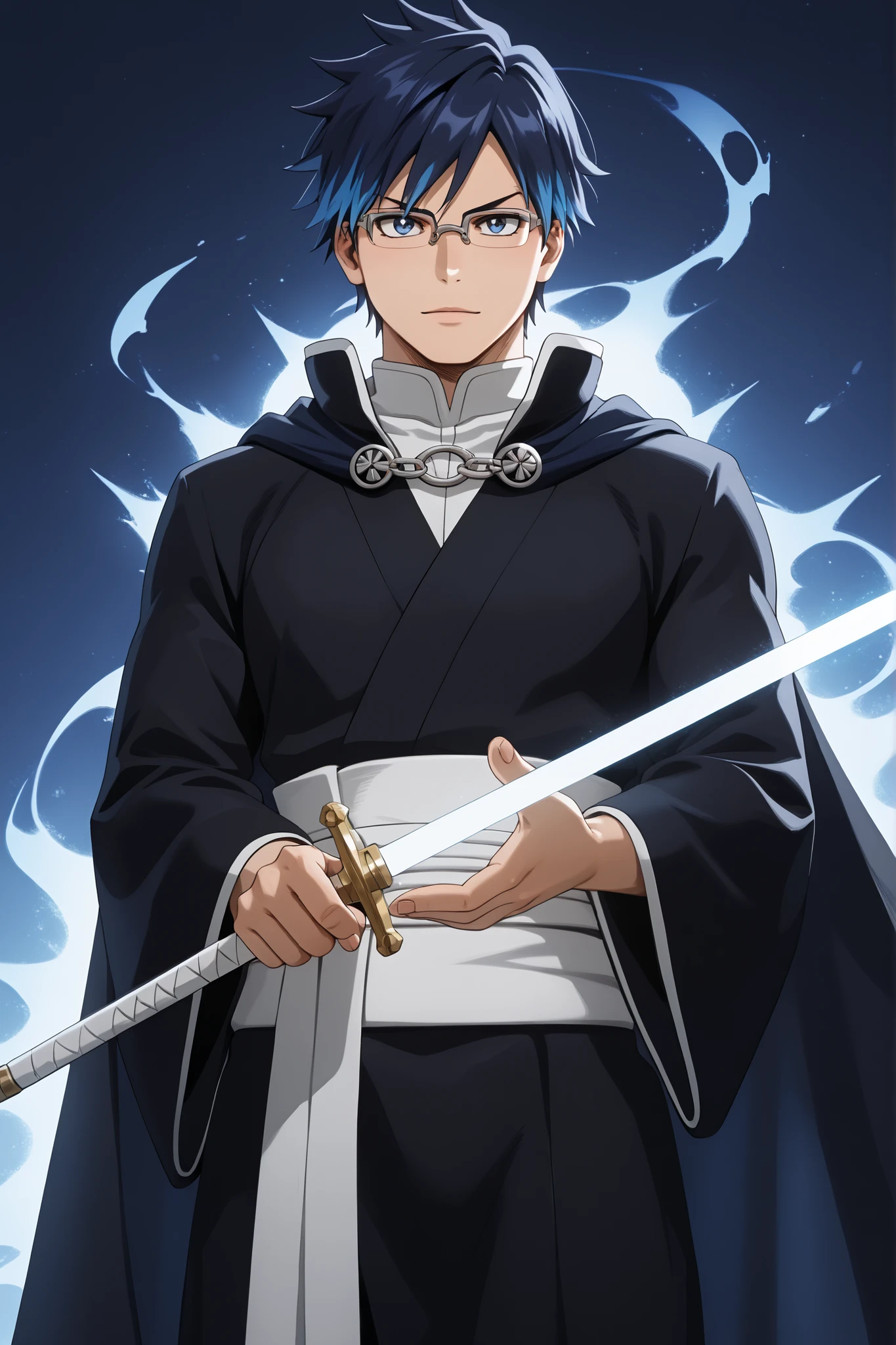 Masterpiece, ultra-detailed, 4K, HD, semi-realistic style, cinematic lighting. Perfect face, perfect hands, perfect posture. ((Cowboy shot)), Tenya Iida reimagined as a composed and disciplined Shinigami of the 4th Division in Bleach. Tall and athletic build, wearing a (((black kimono))), His sharp blue eyes radiate focus and determination. On his back, a cape-like haori flows subtly, marking his high-ranking position in the division. Tenya is holding a glowing o orb in one hand, symbolizing his mastery of healing techniques, and a slightly elongated Zanpakutō in the other, shaped like a ceremonial blade. His stance is confident and upright, exuding leadership and calm under pressure. The background features the medical wing of the 4th Division, illuminated by soft spiritual light, with organized rows of supplies and an atmosphere of efficiency and care. Scene emphasizes his role as a protector and healer, exuding grace, control, and professionalism. Best quality, semi-realistic aesthetic, harmonious composition, sharp details, vivid contrast. 2D semi-realistic, ((solo)), (((1man))), disciplined expression, glowing energy effects, black uniform with silver and blue highlights, flowing cape, elegant pose, mha, tenya iida, short hair, dark blue hair, blue eyes, glasses