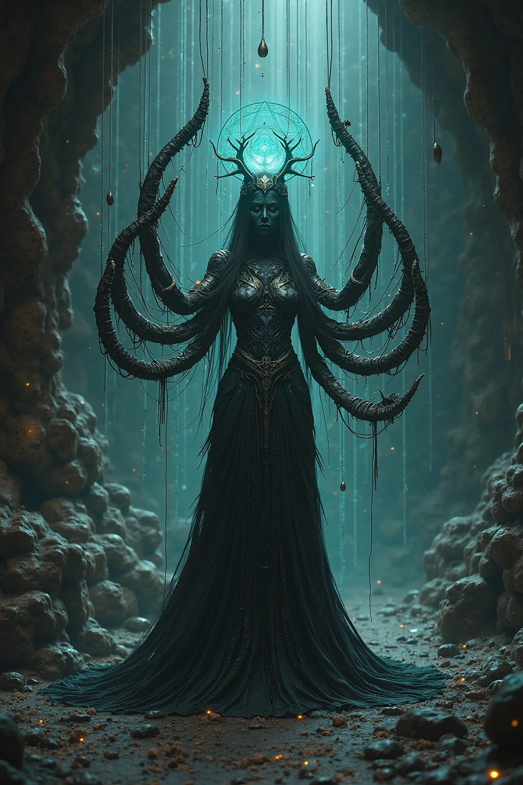 best quality, 8k, very delicate and beautiful, highly detailed face and skin texture, shiny skin, high resolution, medusa stand in a cave, full body, sharp focus