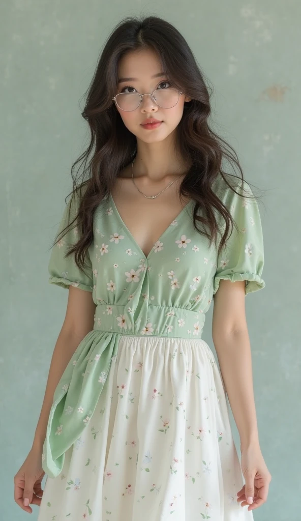 (top-quality、8k、32k、​masterpiece、UHD:1.2)、Japan woman standing in front of white curtain、Female, 21 years old、pale green dress、prety woman、A slight smil、Black hair semi-long