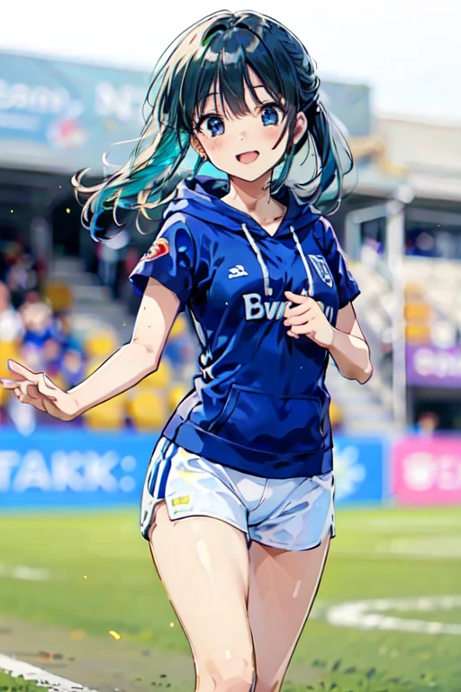 (masterpiece, best quality, detailed), 1girl, solo, looking at viewer, aaaqua, long hair, blue hair, hair rings, hair ornament, 
<lora:Soccer Uniform By Stable Yogi:0.5>, soccer uniform, outdoors, house, rural, village, scenery, path, river, bridge, fighting stance, clenched hands, legs apart, v-shaped eyebrows, smug, smile, closed mouth