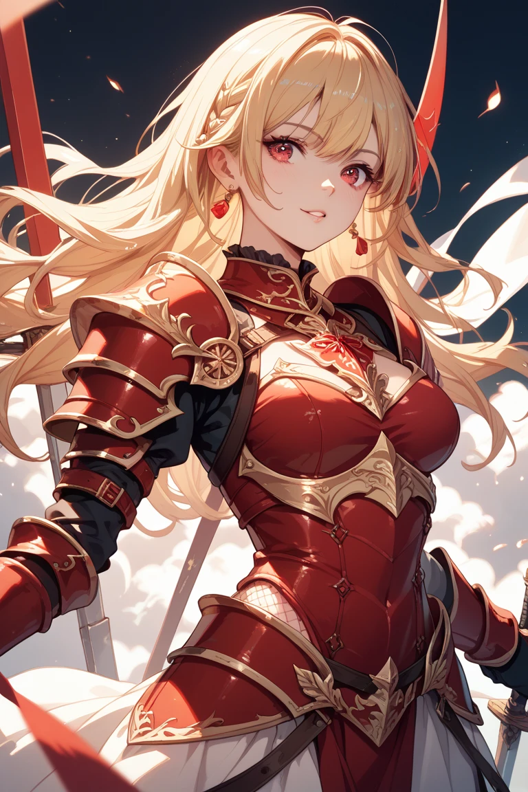 score_9_up, score_9, score_8_up, score_7_up, source_anime,masterpiece, best quality, high resolution, extremely detailed CG, absurdres, highres, 1 girl,a knight girl in golden armor fights at battlefield, holding sword, long hair, twintails, blond_hair, red_dress, glaring, off-shoulder, tiara, battle_stance, fighting_stance,good_hands