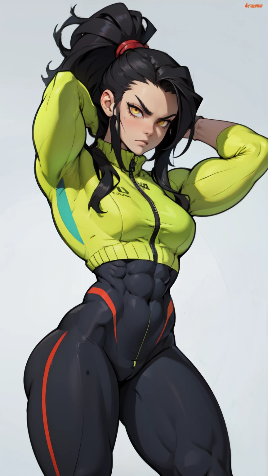 girl ((((muscular 1girl)))) ((((thick thighs toned body)))) (pale skin) black hair yellow eyes very long hair long sleeve tight t-shirt tight pants (straight hair)