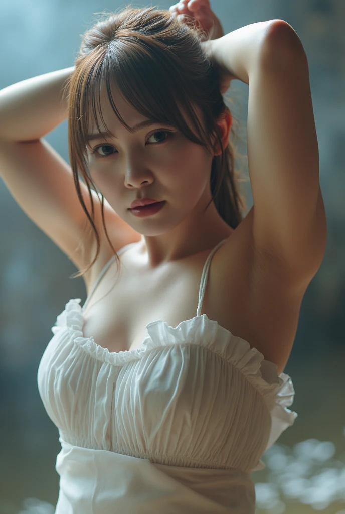Innocent 20 year old girl、((White tank top, Dramatic poses)),Smile,short-cut,Natural park、Raw photo, (8K、top-quality、​masterpiece:1.2)、(intricate detailes:1.4)、(Photorealsitic:1.4)、octane renderings、Complex 3D rendering ultra detail, Studio Soft Light, Rim Lights, vibrant detail, super detailing, realistic skin textures, Detail Face, Beautiful detail eyes, Very detailed CG Unity 16k wallpaper, make - up, (detailedbackground:1.2), shinny skin, Full body、cleavage of the breast,((Standing with hands folded behind your back、Leaning forward、Angle from above))
