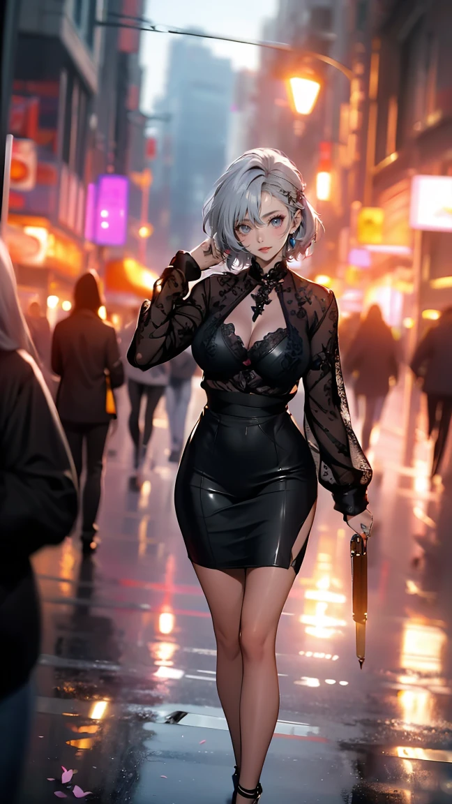 ((Highest quality)),(超High resolution),(Very detailed),(Detailed Description),((The best CG)),(masterpiece),Ultra-detailed art、(Highest quality、8k、32K、masterpiece)、(Realistic)、(Realistic:1.2)、(High resolution)、Very detailed、Very beautiful face and eyes、1 female、((:1.3))、Tight waist、Delicate body、(Highest quality、Attention to detail、Rich skin detail)、(Highest quality、8k、Oil paints:1.2)、Very detailed、(Realistic、Realistic:1.37)、Bright colors、A beautiful woman in her mid-twenties working in Ginza at night。((she、Asymmetrical pixie cut:1.8、Bangs are long and swept to the side。))。The makeup is natural、Enhances natural beauty。((Black leather jacket and silver sequin camisole。tight black skinny pantultiple thin silver chain necklaces and a studded clutch bag。))。The neon lights of Ginza shine in the background.、It creates the atmosphere of a night town.。The style is realistic、Has a photo-like texture。she自信に満ちた表情で、Smiling at the camera。