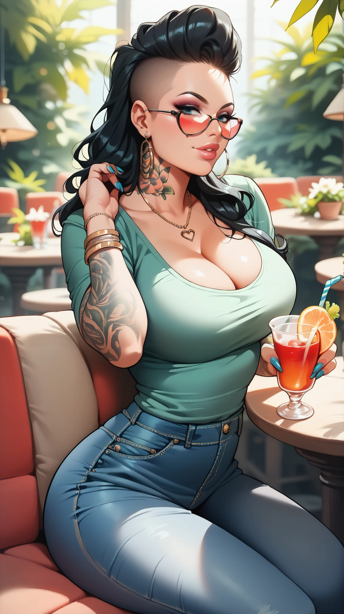 1 girl solo, Woman in a luxurious restaurant, shirt, tight jeans, cleavage, big breasts, wide hips,  Shiny hair , nail polish,  sit,  expression of lust, Chr_mac,  long hair , (((black hair))), sidecut, Tattoos, (((close up)))
