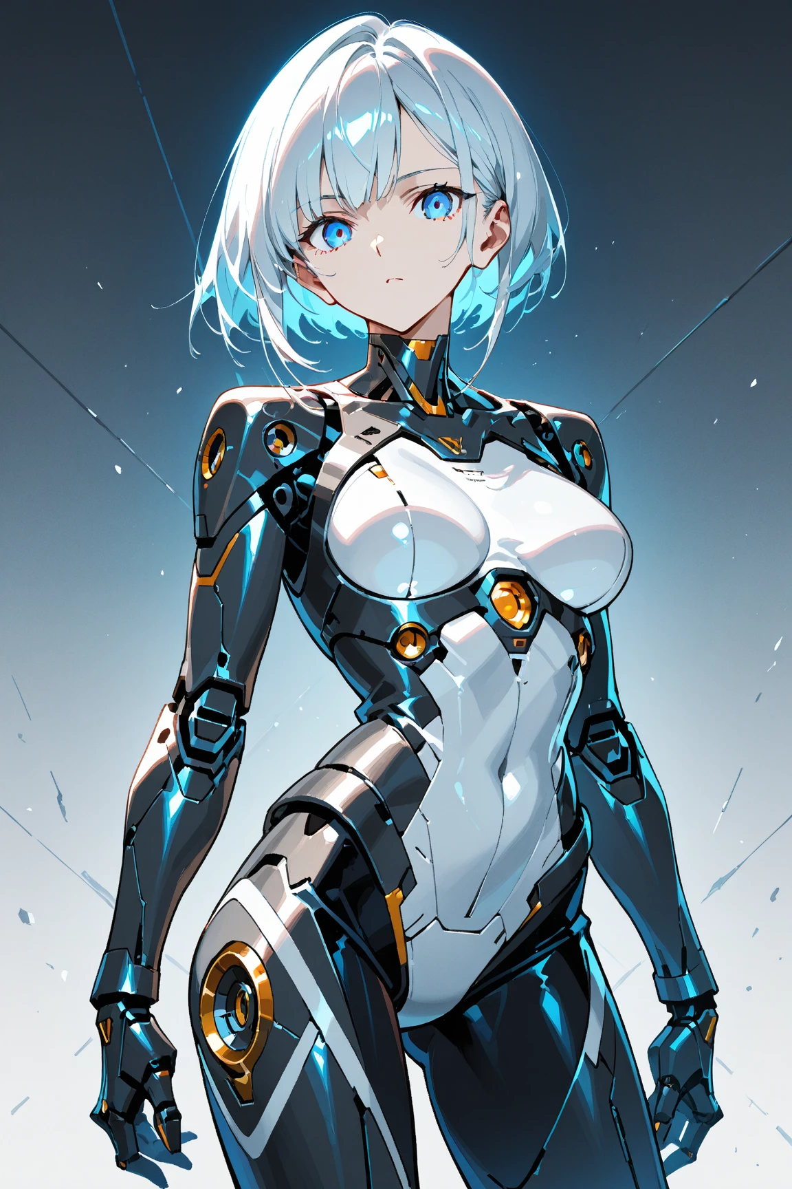 Anime style, better effects, 8k, better lighting, cyberpunk style, vivid colors. Android woman with blue eyes and shoulder-length white hair and a body with white robotic parts. Full body, image with extreme quality, running