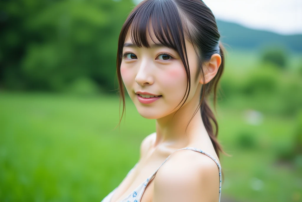 Woman posing in forest wearing white bikini, rain, fog, best quality, girl 1 person, full body, big breasts, sun, bright, blurred background, bokeh, outdoors, (street: 0.8), (people, crowd: 1), gorgeous, short hair, forehead: 1.2), beautiful sky to detail, earrings, (dynamic pose: 1.2), (upper body: 0.8), soft lighting, wind, rain, fog, glossy skin, smiling face