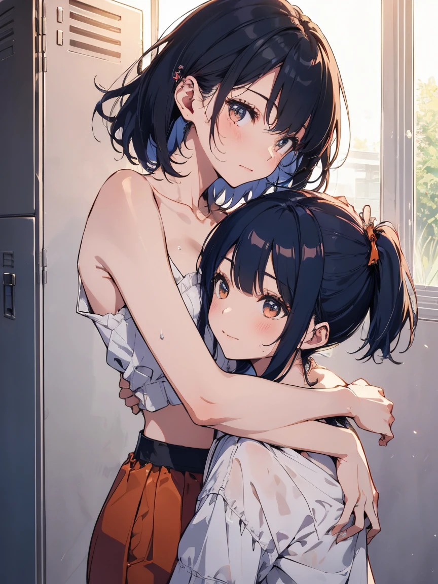 (Highest qualityのイラスト:1.2), (cute girl:1.1), (1 girl, alone:1), (2 girls、8-year-old、、、small、cute、cute、small胸、Very detailedな目:1.2)、(Yuri、kiss、Hug from behind、grab、Eyes half closed、eye contact:1.Sweat、I was embraced、blush:1.1)、 break White Bra、ピンクのgood、Blue Bra、Green bra、灰色がgood、light 灰色がgood、 Striped bra、水玉模様がgood、goodチェック柄、cute、good、kids good、sporty、camisole、Cotton panties、School Skirt、Blake Black Hair、Blue Hair、Brown Hair、extra belly short hair、short hair、Medium Hair、Hair length、Wavy Hair、Curly Hair、Pale pink braids、Princess Cut、Bobcut、Twin tails、低いTwin tails、ponytail、ライトブルーのローponytail、break(locker room:1.2)、(evening、evening、Orange Sunshine:1.2)、 break(Highest quality、Very detailed、Very detailed and beautiful、Ultra-high resolution、Arm details:1.2)、Browsing Caution　Beautiful Pool
