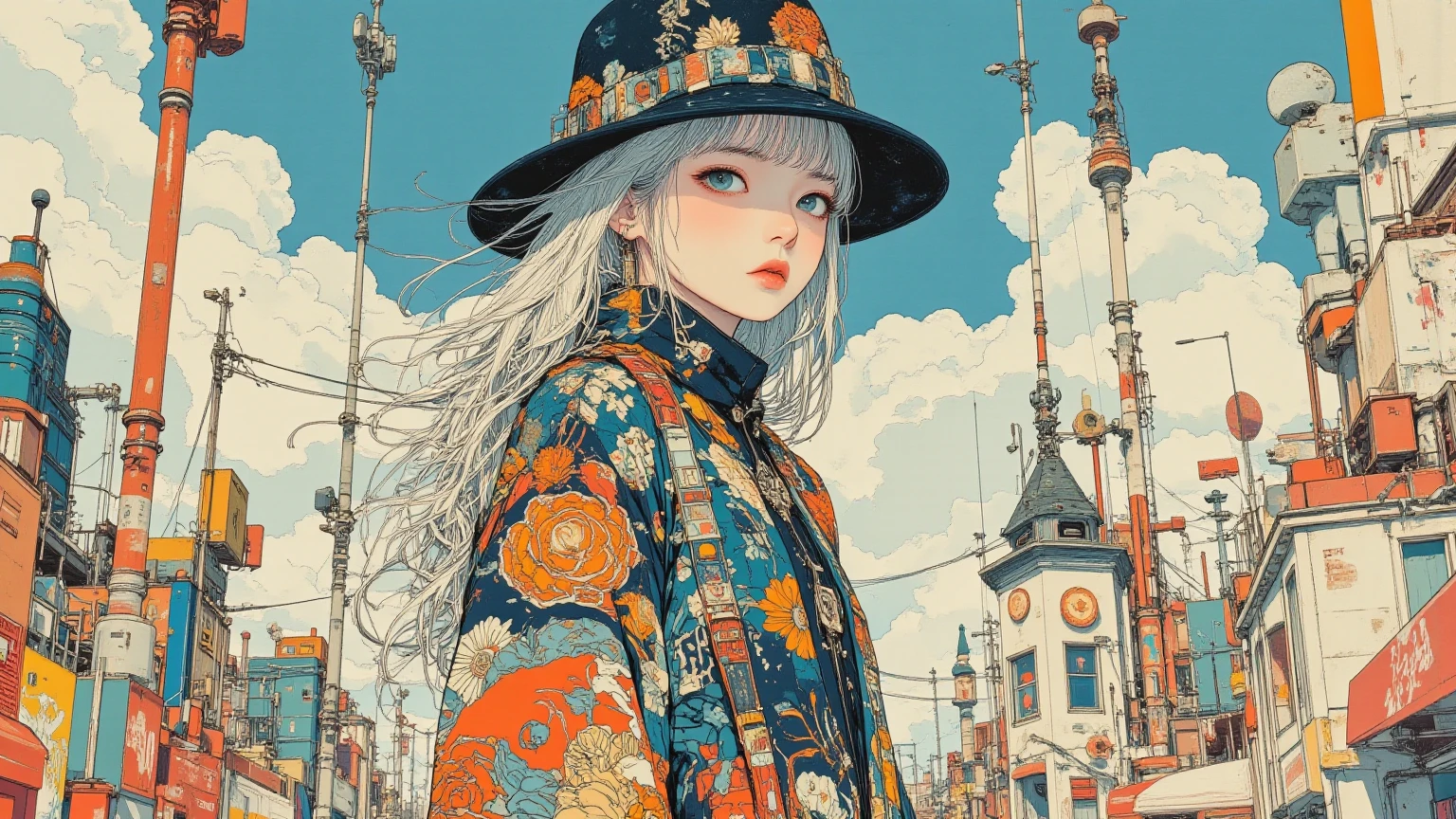 Tall Spines Reminiscent of Wizards and Mystical Beings,Ornate Patterned Cloak,The woman in the hat {x} is surrounded by an otherworldly landscape full of bizarre buildings and abstract shapes stretching into the sky,Surreal Little Dwarfs in the Background, Objects Floating in the Air,Scenery Richly Depicted in Details,Fascinating and Dazzling Atmosphere,Clouds and Imaginative Streetscapes,for kindergarteners,Colored Cartoon Scene with Giant Statues and Female Travelers,Moebiusのイラストレーションアート, Moebius artwork, Moebius Art, Jean Giraud（Moebius）Flashback Perspective, inspired by Mattias Adolfsson, スタイルのJean Giraud・Moebius , ジブリ Moebius, comic book artist Moebius,Dynamic Side View, playful and vibrant atmosphere, flat and white illustration style, high-contrast colors,  digital art,Jojolion cover