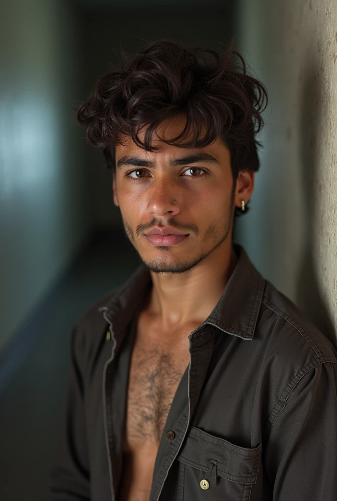 naughty man, 25 years old, attractive beautiful face, very hairy young man, (hazelnut eyes), beautiful hairstyle,look bonito, 1900 style, muscular shirtless, hairy chest, from Brazil, Fujifilm, cinematrographic, 16K, ultra HD, on a street in the Franco da Rocha favela , open shirt