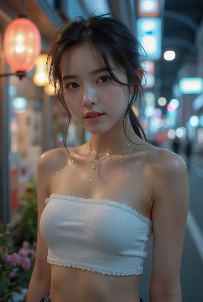 Best picture quality， tmasterpiece， 超高分辨率， （Fidelity：1.4）， photore， 1 rapariga，[（Unhappy）]，white  shirt， Dimly lit， darkly， be desperate， pitying， cute little， cinematic ligh，  （torn laundry：1.5）， （wetclothes：1.4）， exposed bare shoulders， Real rain， Wet hair,