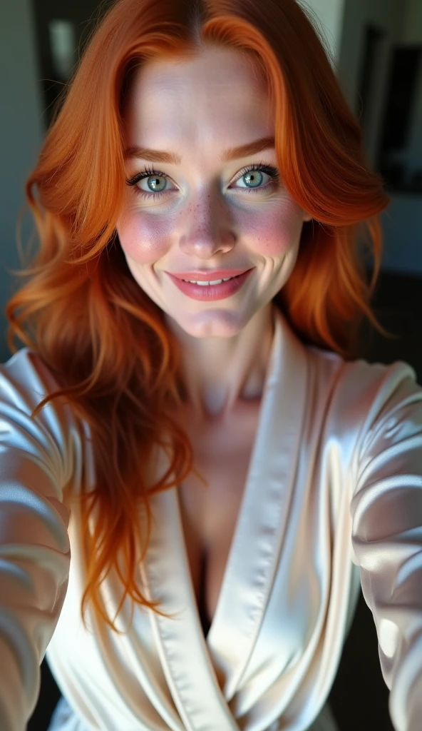 A selfie of a beautiful 25 year old woman with long red hair (Zopf), bright blue eyes and a gentle smile. Detaillierte Handschrift. Im Vordergrund liegt eine Frau, gekuschelt im Bett, smiling (Slight smile). Strukturierte Haut, Kurven, perfekte Figur, big (Slight décolleté). She is wearing dressing gown. Im Hintergrund ein Schlafzimmer, gedimmtes Licht, Ambientebeleuchtung. Selfie, fotorealistisch, Lowlight, schnelle Belichtungszeit, mittlere Blende, sehr kleine Brennweite.