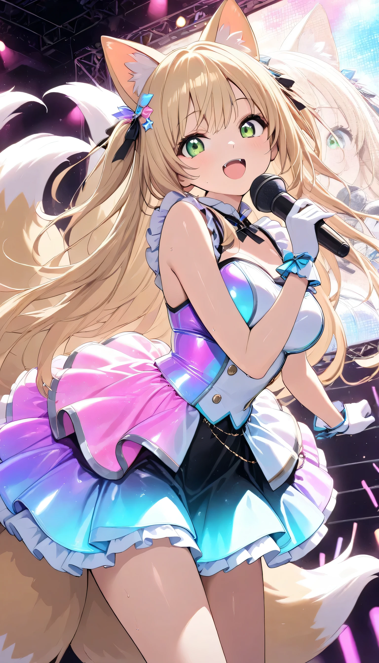 score_9, score_8_up, score_7_up, score_6_up, score_5_up, score_4_up, Embarrassed, (masterpiece:1.3, perfect details:1.3, best quality:1.3, 8k wallpaper), ((beautiful detailed eyes, clean eyes)), source_anime,
((1girl, fox girl, blonde long hair,multiple tails,fox tail,fox ears, medium breast, green eyes, mouth with fangs)), (wet skin), looking at viewer, idol dress, singing on the stage, ((green Idol costumes, iridescent gradient dress, Iridescent Gloss Gradient dress)), idol-themed scene featuring young performers in dazzling, The performers should have dynamic, expressive poses, sparkling accessories, set on a glamorous stage with bright spotlights and a lively crowd in the background, steage, live stage, smile, Alluring expression, Music Stage, Festival